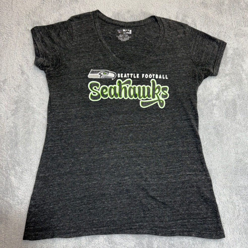 NFL Seattle Seahawks T-Shirt Womens XL Gray V-Neck Glitter Graphic Tee Football